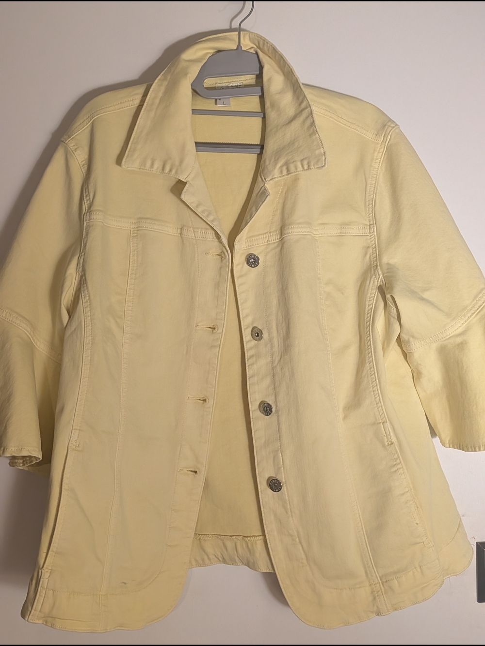 Light Yellow Women's Jean Jacket with Flared Ruffle Sleeves - Picture 4 of 9